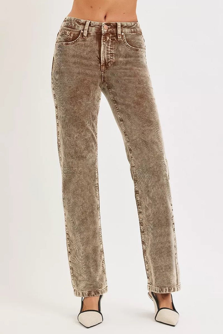 RISEN Tummy Control Mid Rise Straight Leg Corduroy Pants - AMVIM