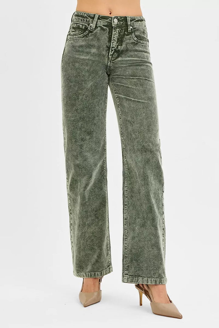 RISEN Tummy Control Mid Rise Straight Leg Corduroy Pants - AMVIM