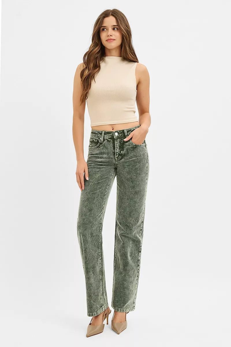 RISEN Tummy Control Mid Rise Straight Leg Corduroy Pants - AMVIM