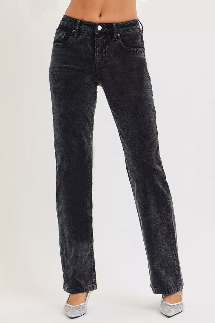 RISEN Tummy Control Mid Rise Straight Leg Corduroy Pants - AMVIM