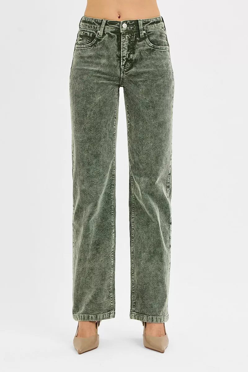 RISEN Tummy Control Mid Rise Straight Leg Corduroy Pants - AMVIM