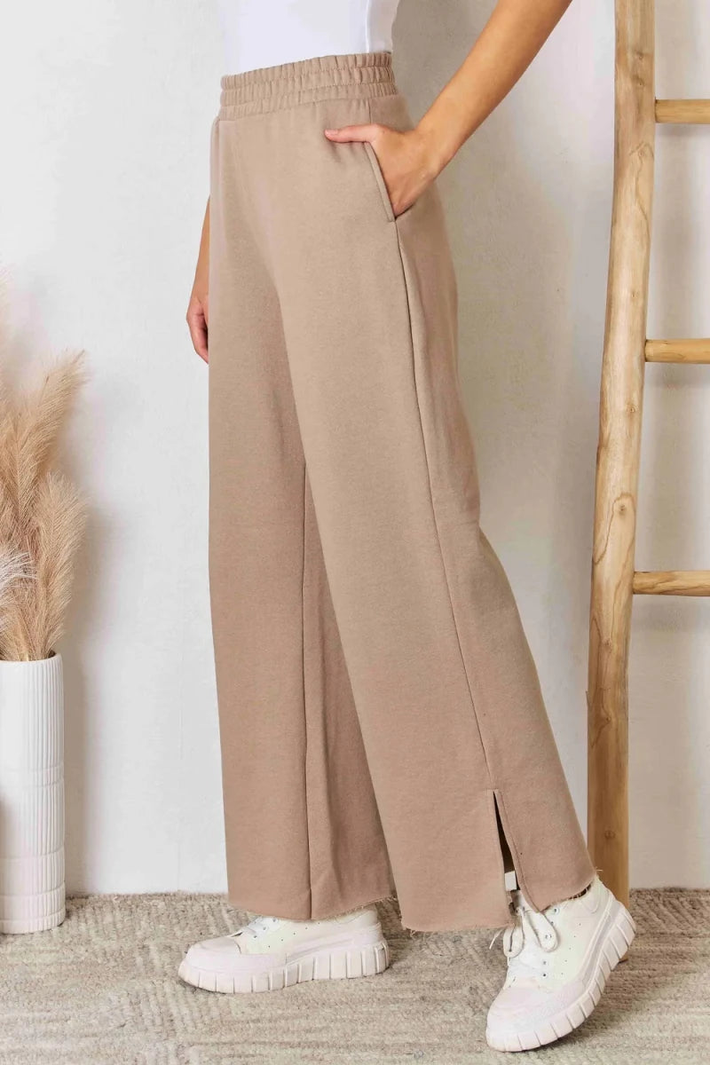 RISEN Wide Waistband Slit Wide Leg Trousers - AMVIM