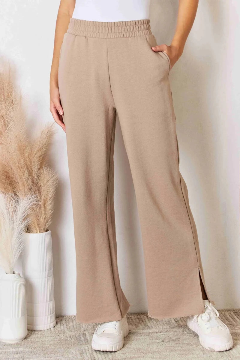 RISEN Wide Waistband Slit Wide Leg Trousers - AMVIM