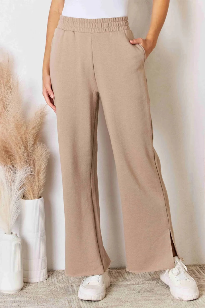 RISEN Wide Waistband Slit Wide Leg Trousers - AMVIM