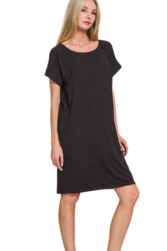 Rolled Short Sleeve Round Neck Dress for Everyday Wear - AMVIM