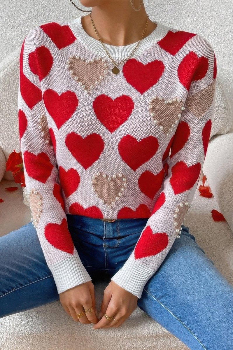 Round Neck Pearl‑Beaded Heart Knit Sweater - AMVIM