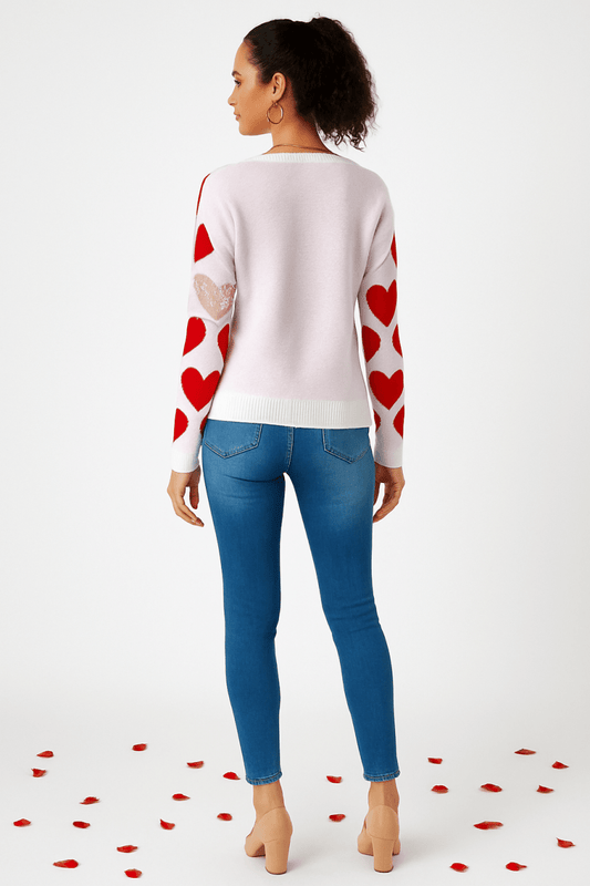 Round Neck Pearl‑Beaded Heart Knit Sweater - AMVIM