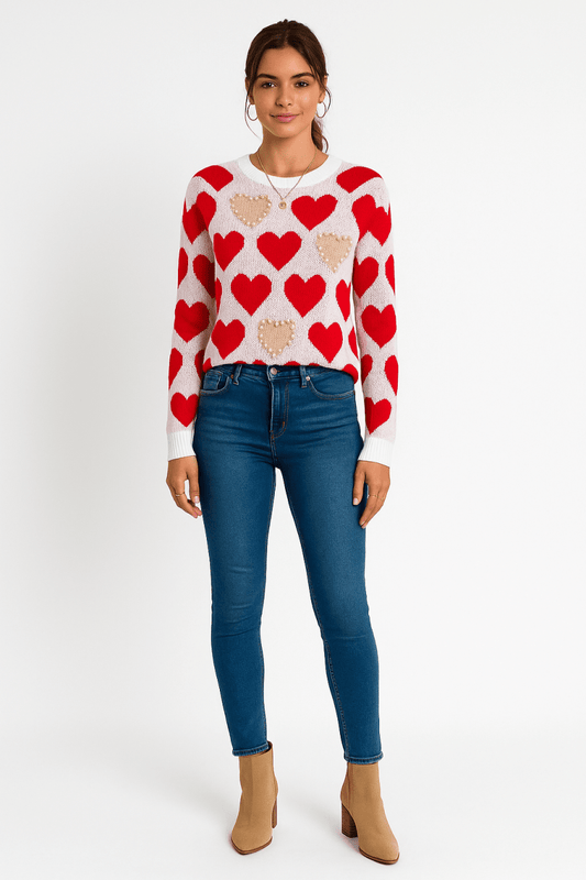 Round Neck Pearl‑Beaded Heart Knit Sweater - AMVIM