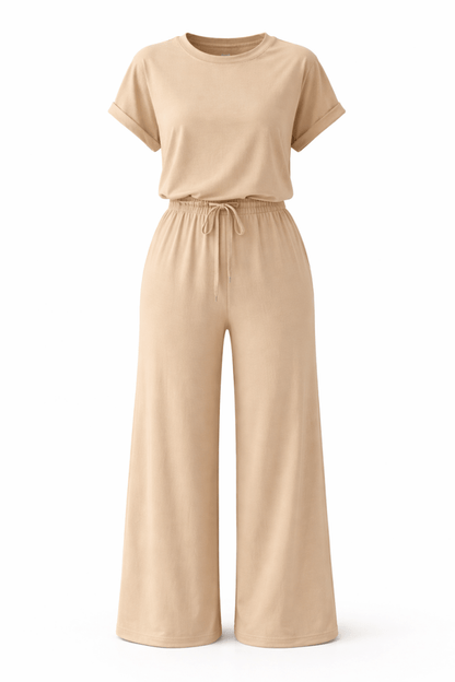Round Neck Short Sleeve Top and Drawstring Pants Set - AMVIM