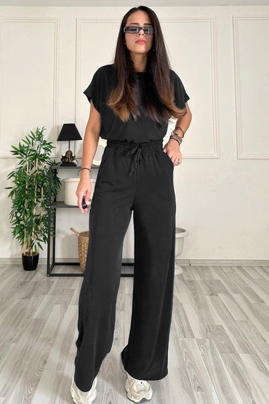 Round Neck Short Sleeve Top and Drawstring Pants Set - AMVIM