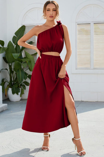 Ruched One Shoulder Top and Slit Skirt Set - AMVIM