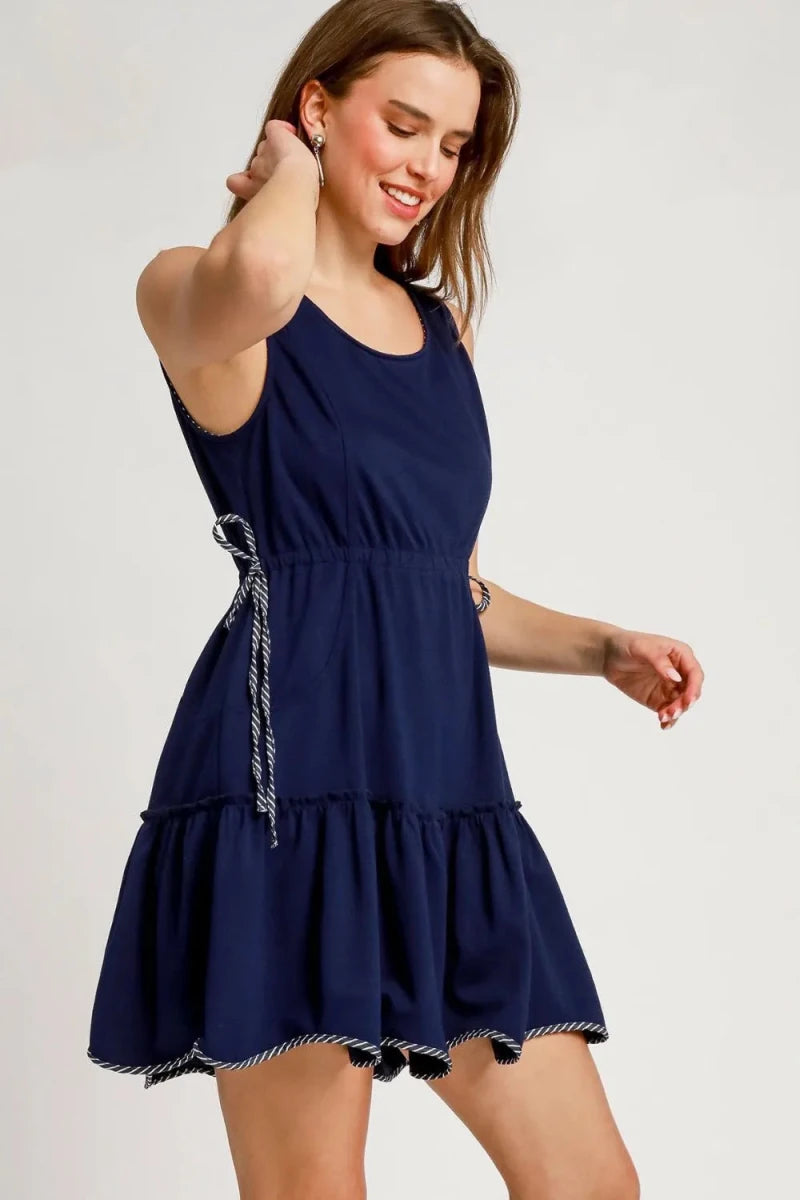Ruffled Drawstring Waist Round Neck Mini Tank Dress - AMVIM