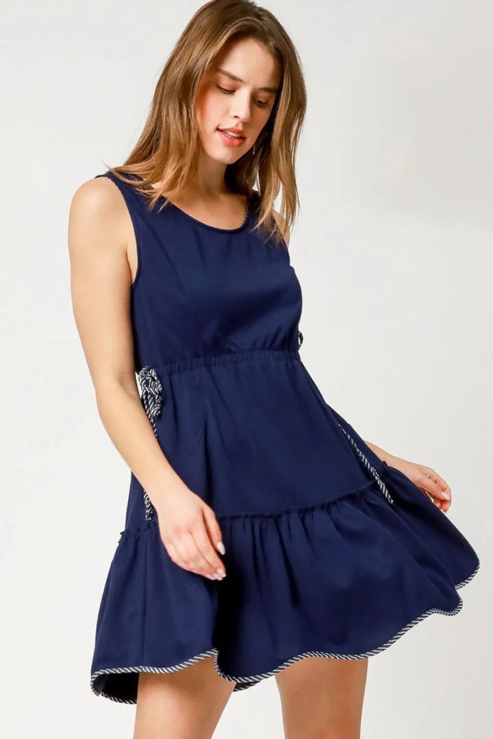 Ruffled Drawstring Waist Round Neck Mini Tank Dress - AMVIM