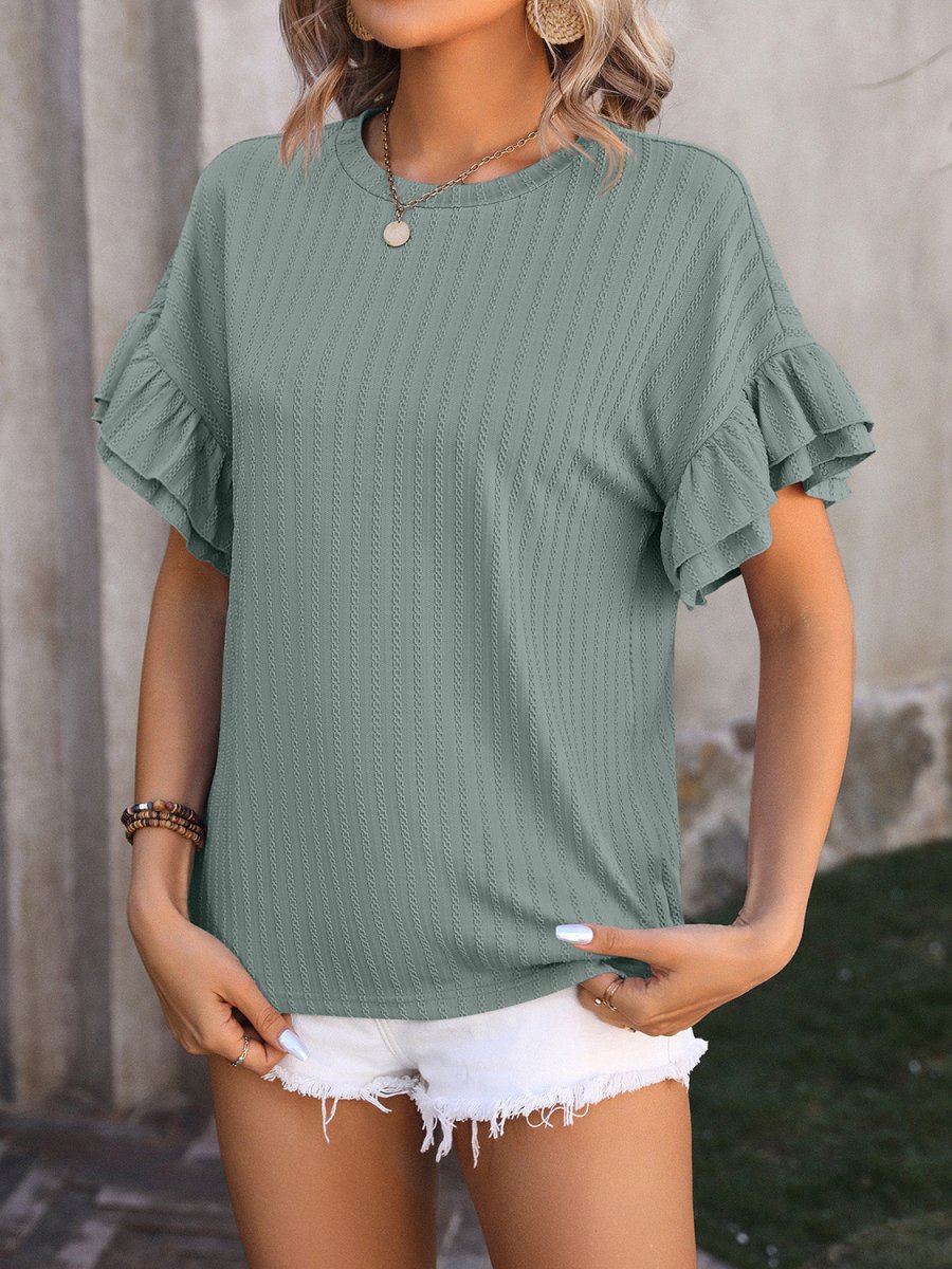 Ruffled Round Neck Short Sleeve Top - AMVIM