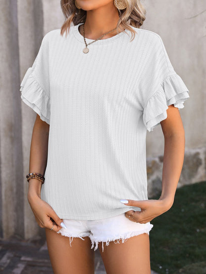 Ruffled Round Neck Short Sleeve Top - AMVIM