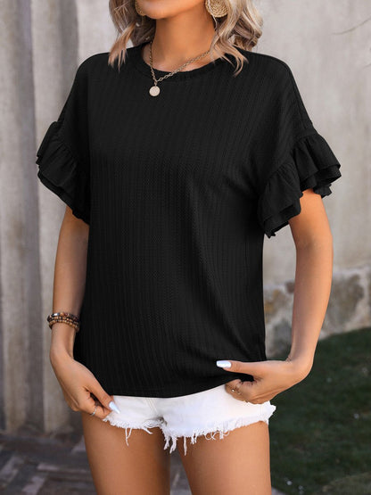 Ruffled Round Neck Short Sleeve Top - AMVIM