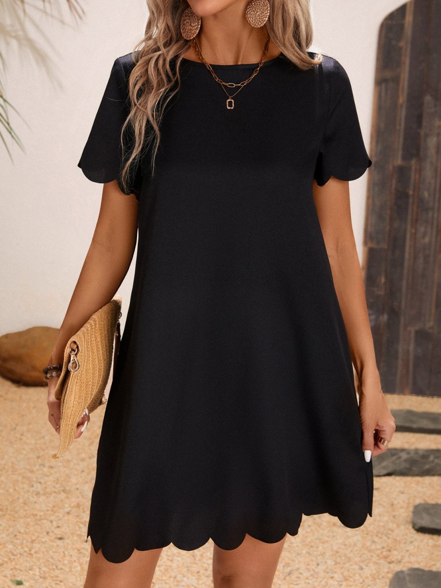 Scalloped Hem Round Neck Short Sleeve Dress - AMVIM