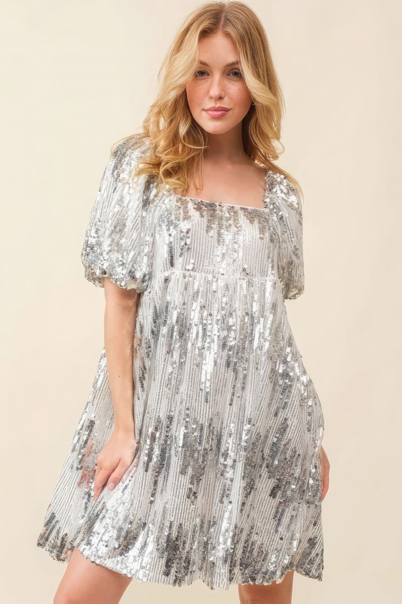 Sequin Square Neck Babydoll Mini Dress - Sparkly Women's Cocktail Party NYE Dress - AMVIM | SKU: 58281.S, 58281.M, 58281.L