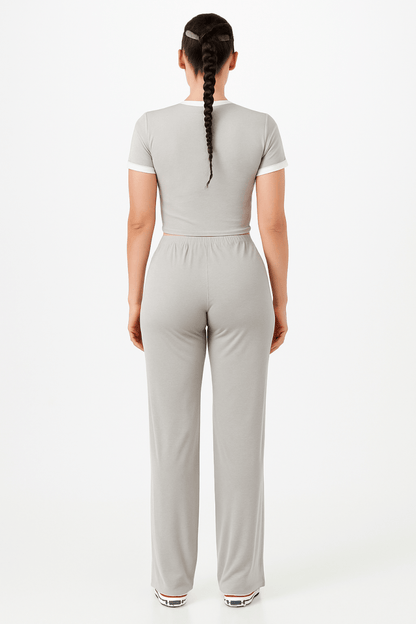 Set Ribbed Crop Top and Pants Grey Polyester Spandex - AMVIM
