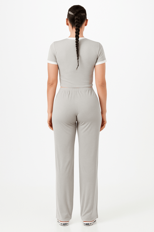 Set Ribbed Crop Top and Pants Grey Polyester Spandex - AMVIM