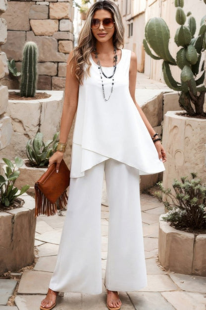 Set round neck asymmetric hem wide - leg loungewear outfit - AMVIM