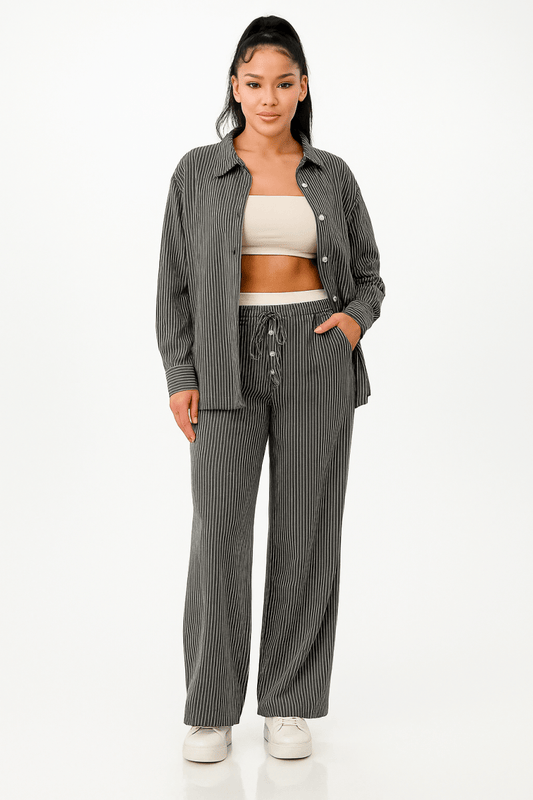 Shirt and Pants Set Pinstripe Polyester Lounge Casualwear - AMVIM