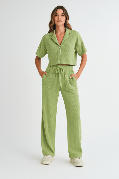 Shirt and Pants Set Polyester Lightweight Weekend Outfit - AMVIM