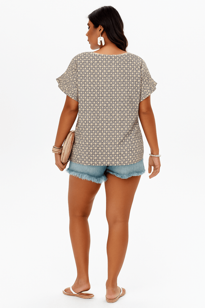 Shirt Printed Loose Fit Ruffle Sleeve Summer Top Plus - AMVIM