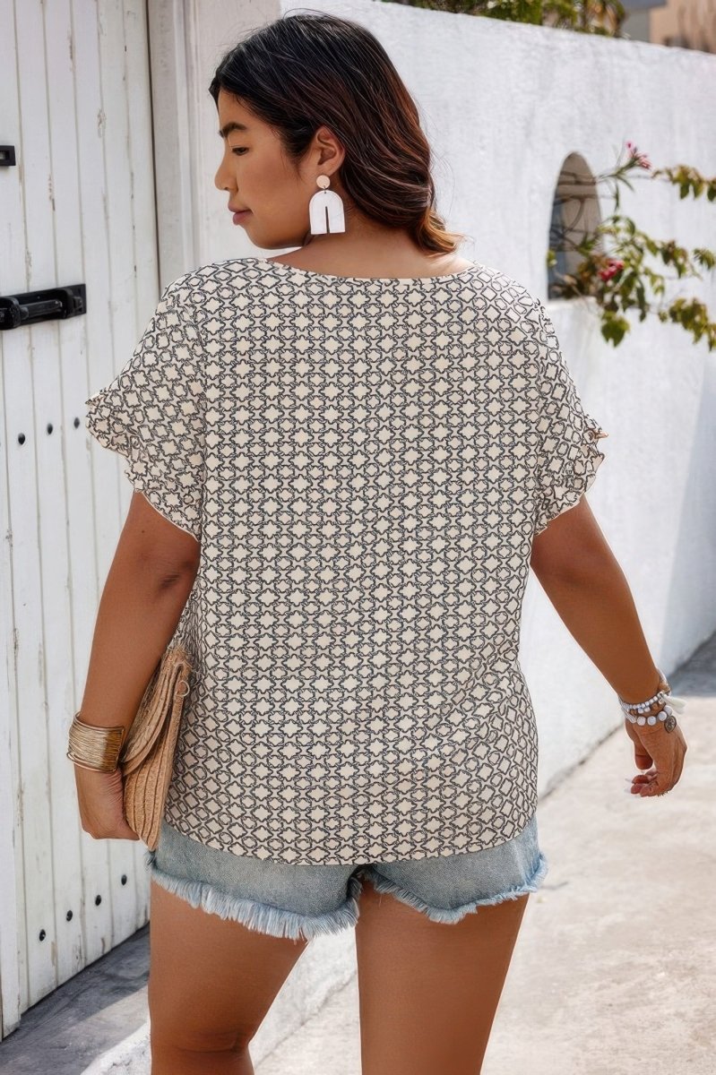 Shirt Printed Loose Fit Ruffle Sleeve Summer Top Plus - AMVIM