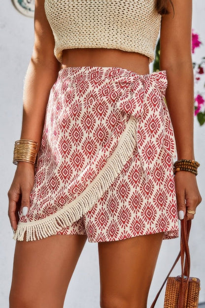 Short Skort Asymmetric Hem Tassel Summer Print Shorts - AMVIM