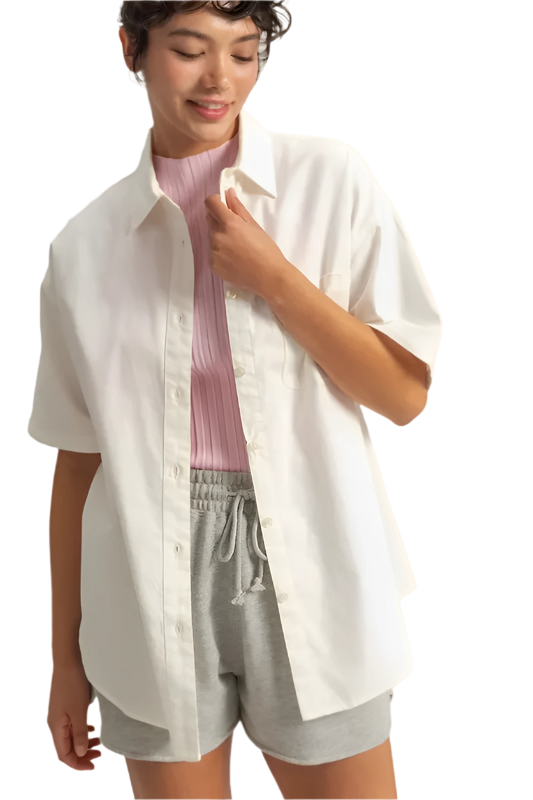Short Sleeve Button Down Oversized Shirt For Casual Outings - AMVIM