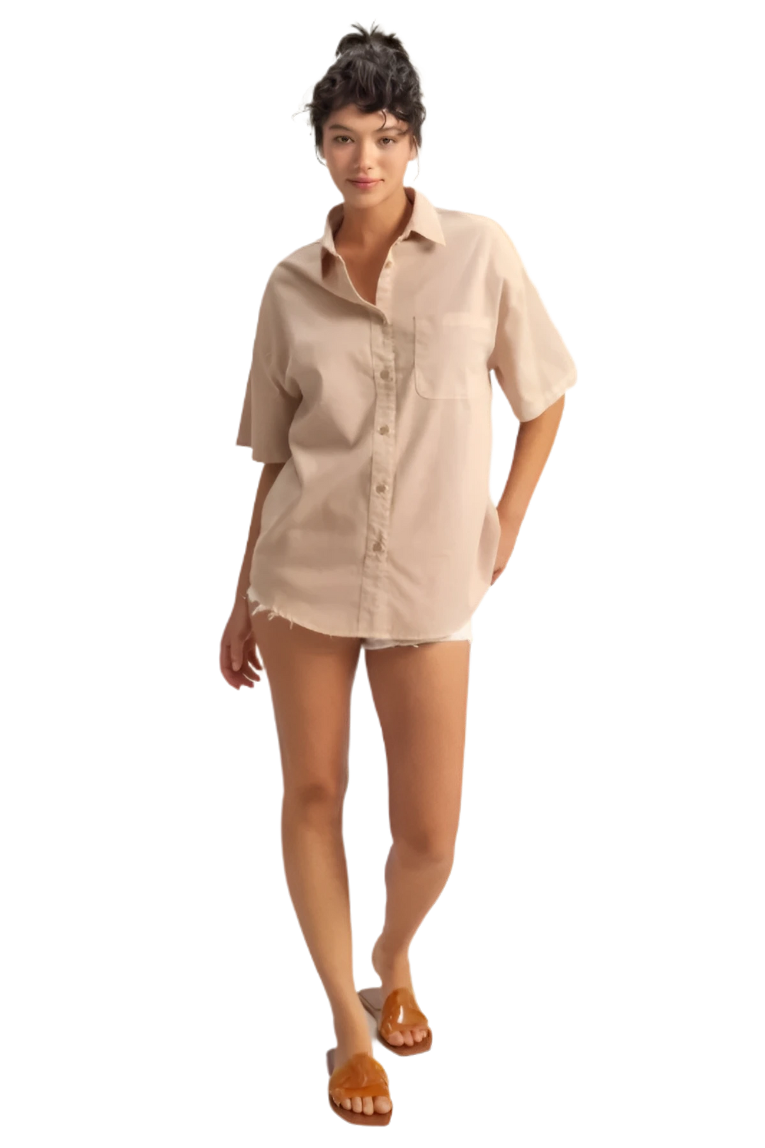 Short Sleeve Button Down Oversized Shirt for Women - AMVIM