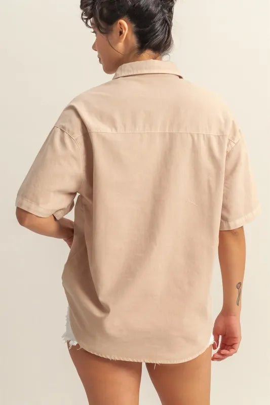Short Sleeve Button Down Oversized Shirt for Women - AMVIM