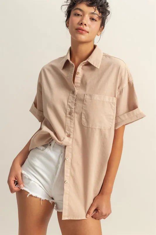 Short Sleeve Button Down Oversized Shirt for Women - AMVIM