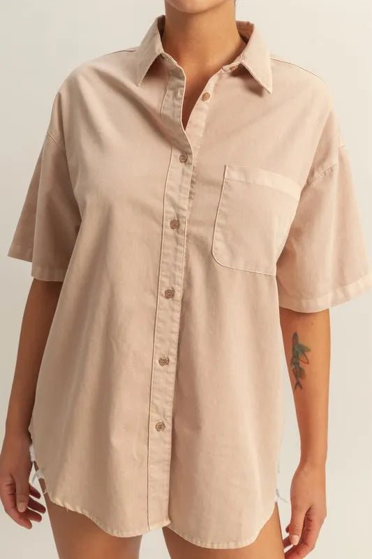 Short Sleeve Button Down Oversized Shirt for Women - AMVIM