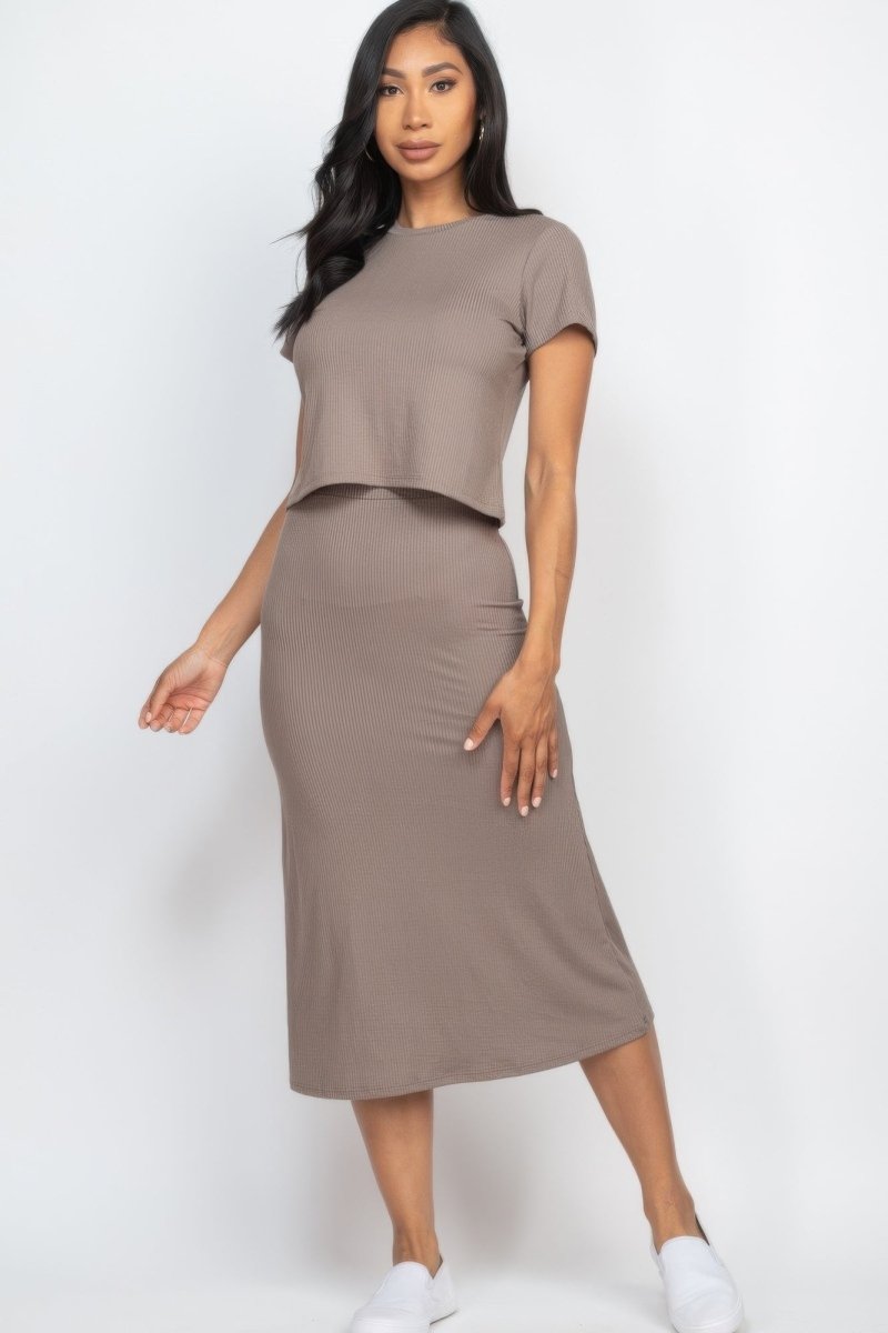 Short Sleeve Ribbed Top & Midi Skirt Se - AMVIM