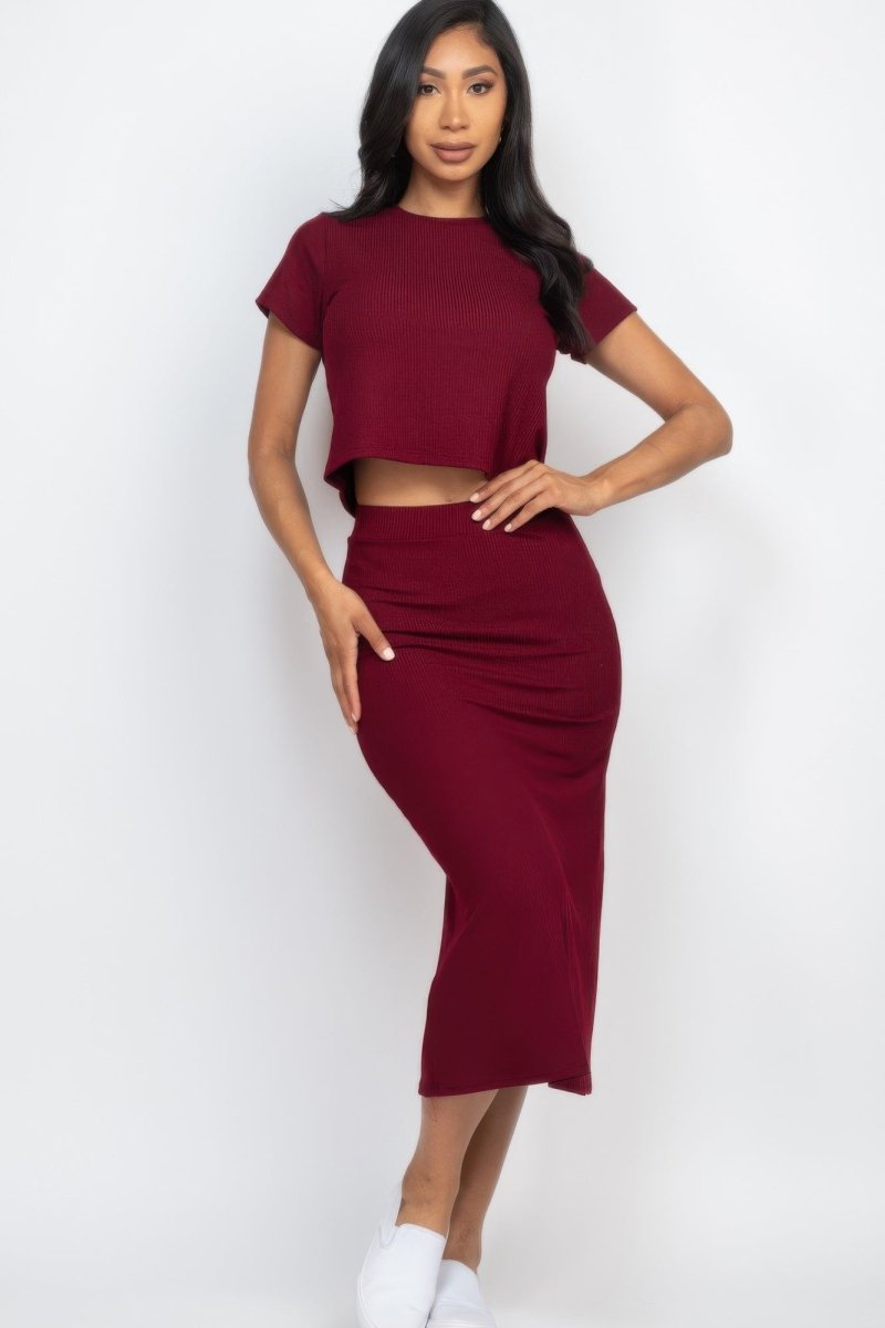 Short Sleeve Ribbed Top & Midi Skirt Se - AMVIM