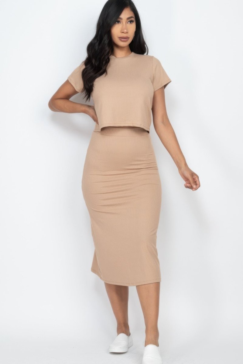 Short Sleeve Ribbed Top & Midi Skirt Se - AMVIM