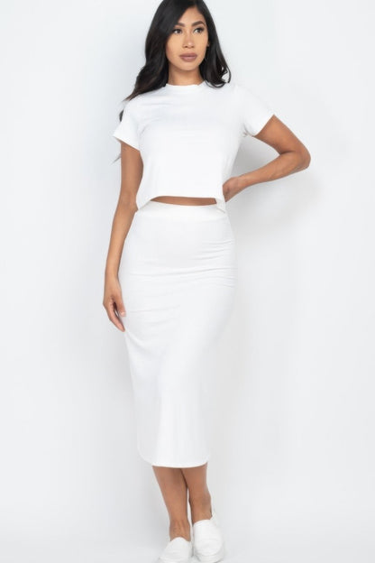 Short Sleeve Ribbed Top & Midi Skirt Se - AMVIM