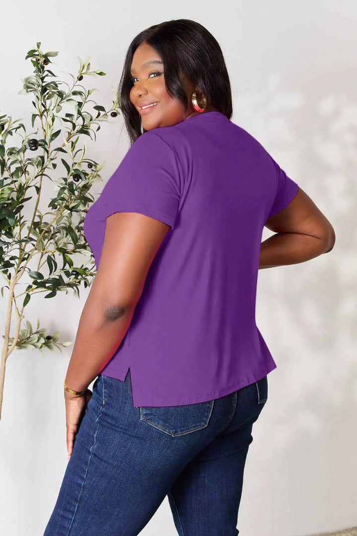 Short Sleeve Slit Hem Tunic Top for Office and Everyday Wear - AMVIM