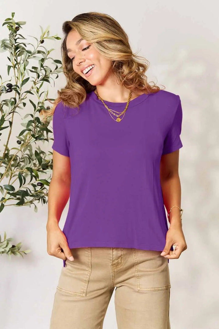 Short Sleeve Slit Hem Tunic Top for Office and Everyday Wear - AMVIM