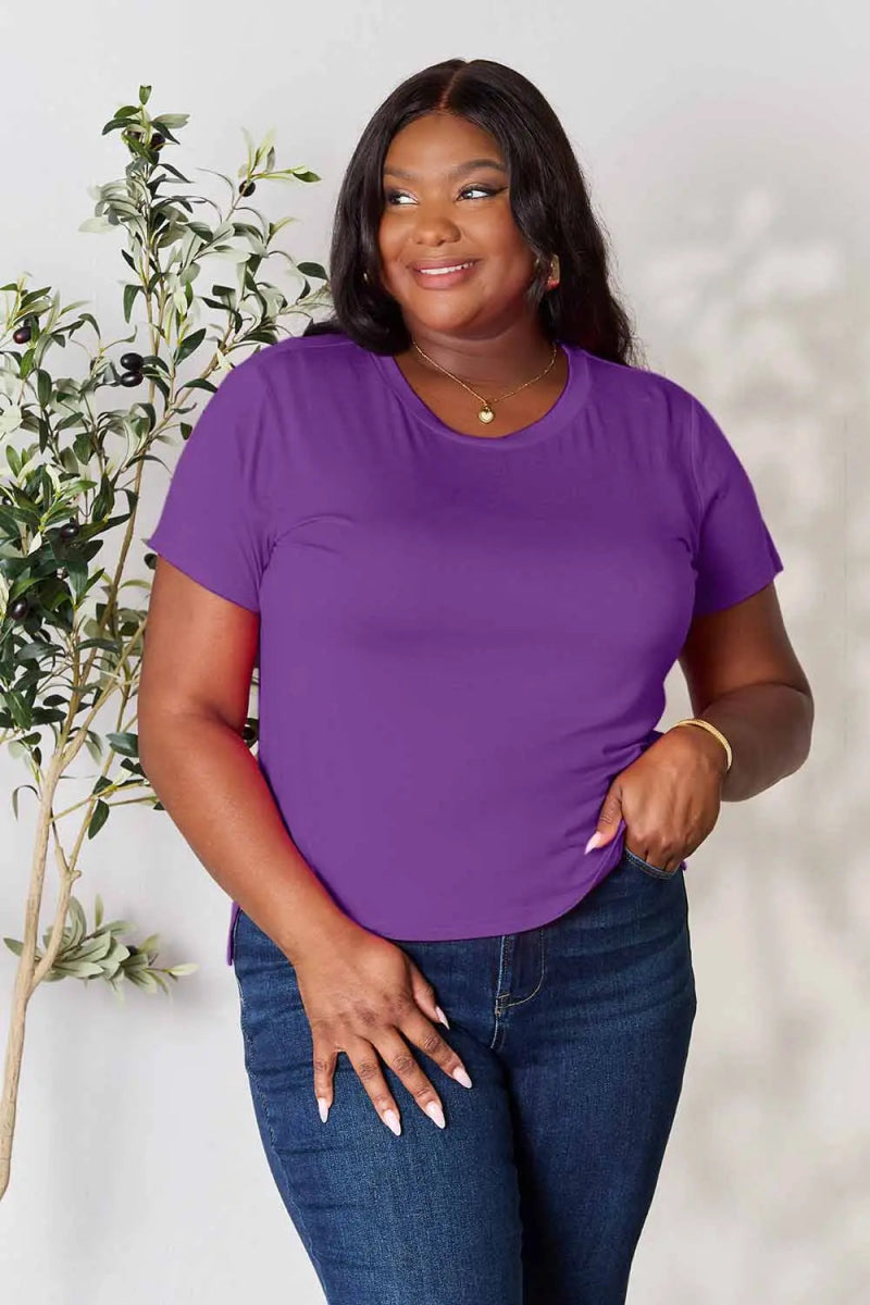 Short Sleeve Slit Hem Tunic Top for Office and Everyday Wear - AMVIM