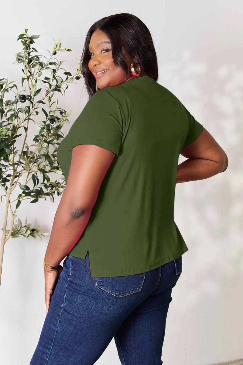 Short Sleeve Slit Hem Tunic Top for Office and Everyday Wear - AMVIM