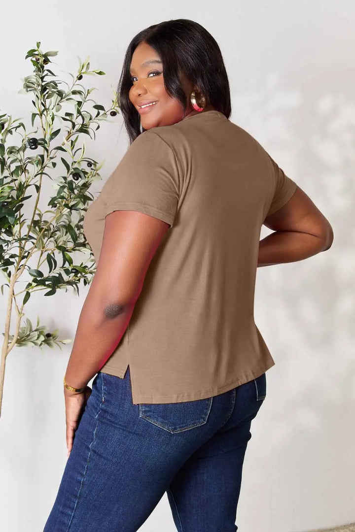 Short Sleeve Slit Hem Tunic Top for Office and Everyday Wear - AMVIM