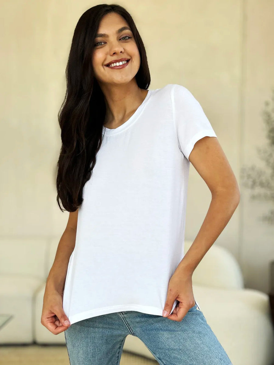 Short Sleeve Slit Hem Tunic Top for Office and Everyday Wear - AMVIM