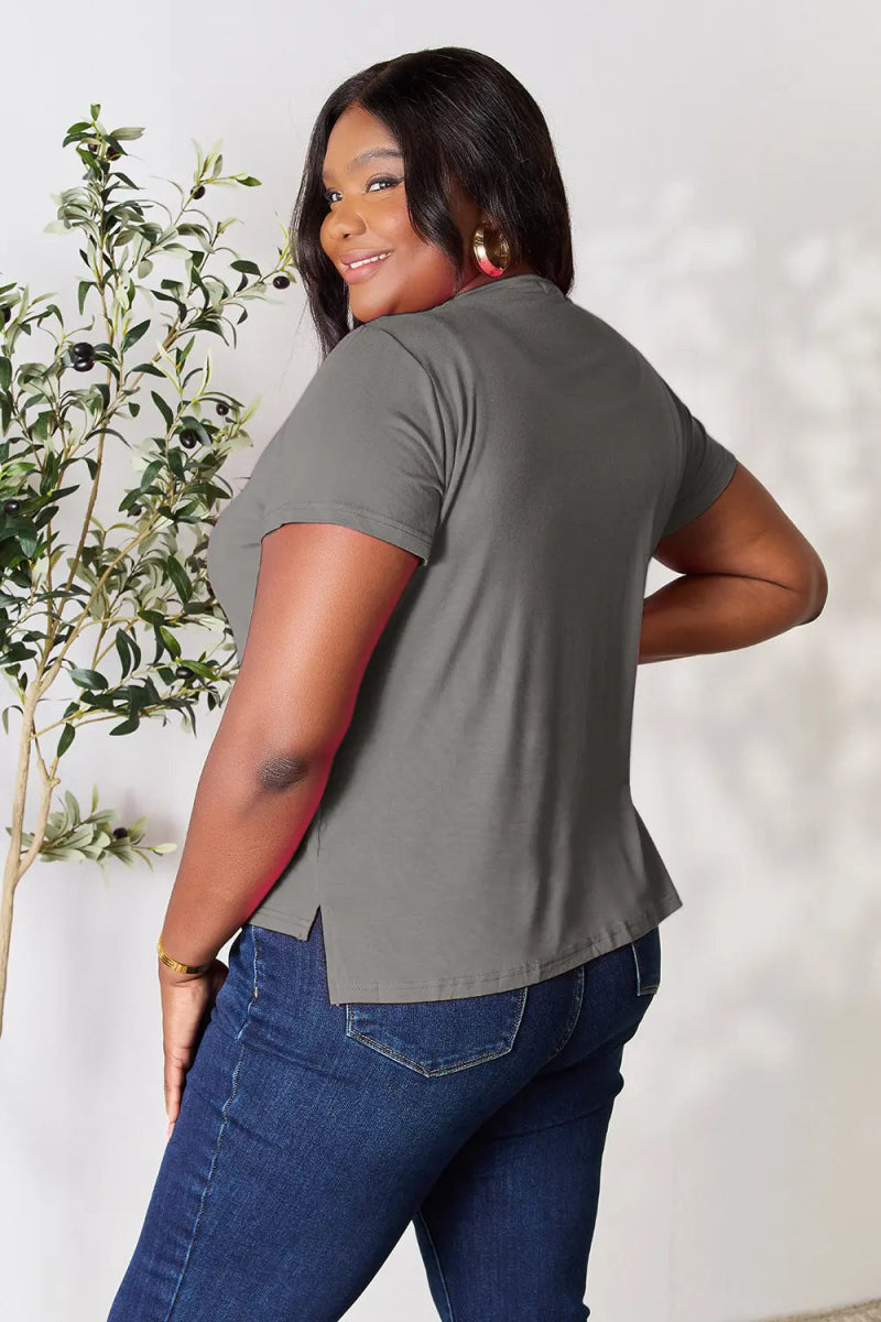 Short Sleeve Slit Hem Tunic Top for Office and Everyday Wear - AMVIM