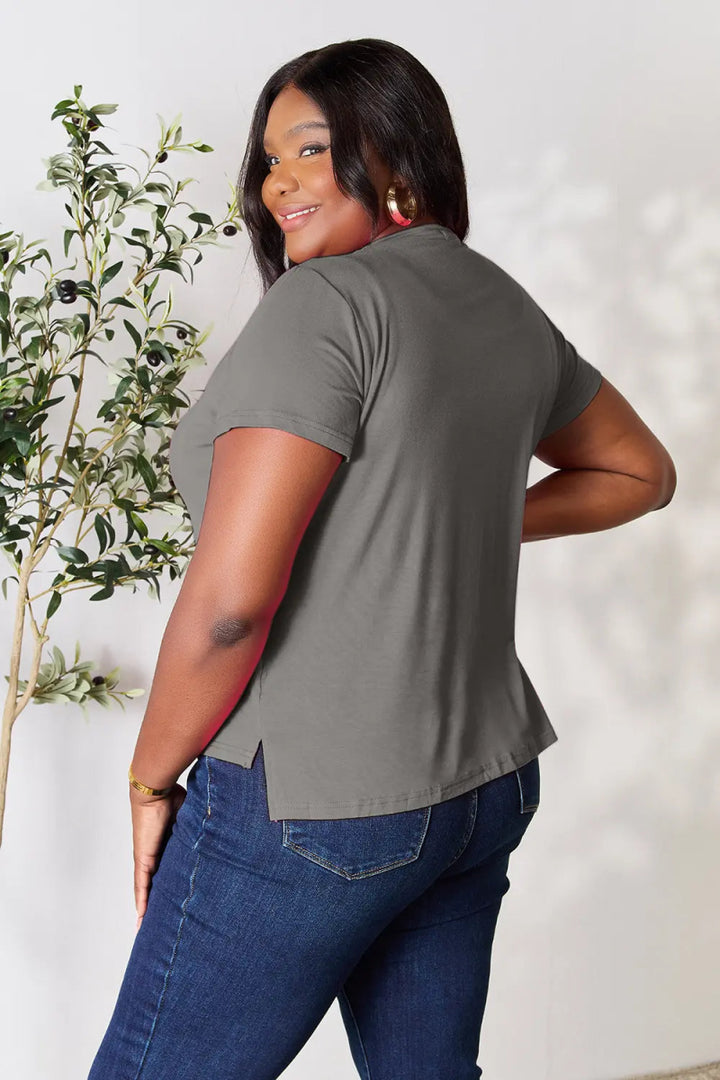 Short Sleeve Slit Hem Tunic Top for Office and Everyday Wear - AMVIM