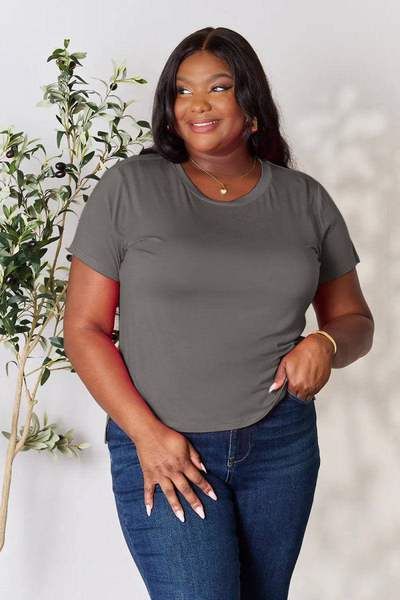 Short Sleeve Slit Hem Tunic Top for Office and Everyday Wear - AMVIM