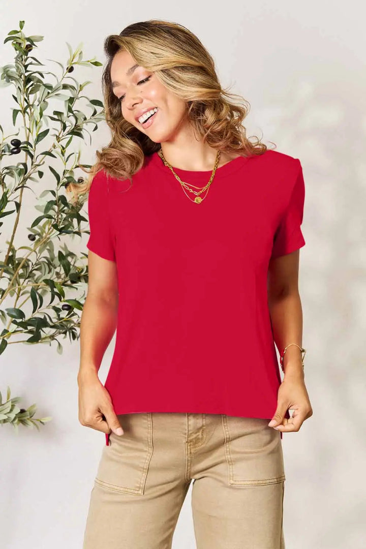 Short Sleeve Slit Hem Tunic Top for Office and Everyday Wear - AMVIM