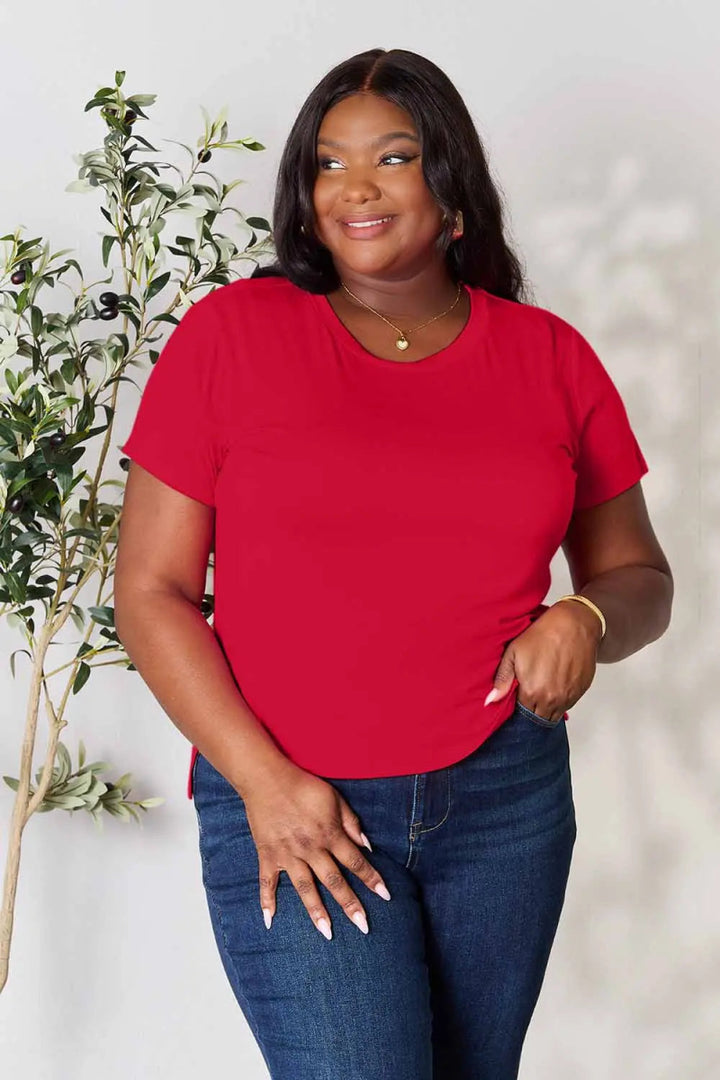 Short Sleeve Slit Hem Tunic Top for Office and Everyday Wear - AMVIM